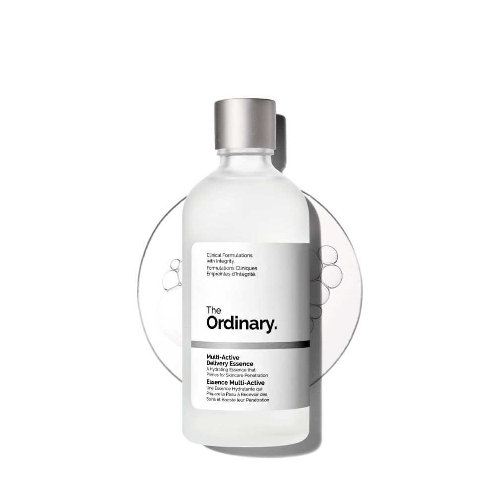 The Ordinary Multi-Active Delivery Essence bottle shows lightweight hydration for daily moisture.