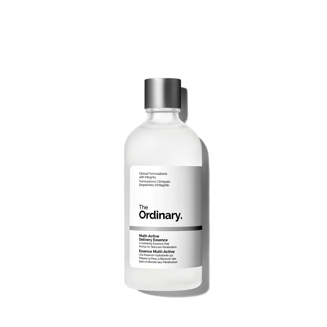 Label detail of The Ordinary essence highlights hydration technologies and usage cues.