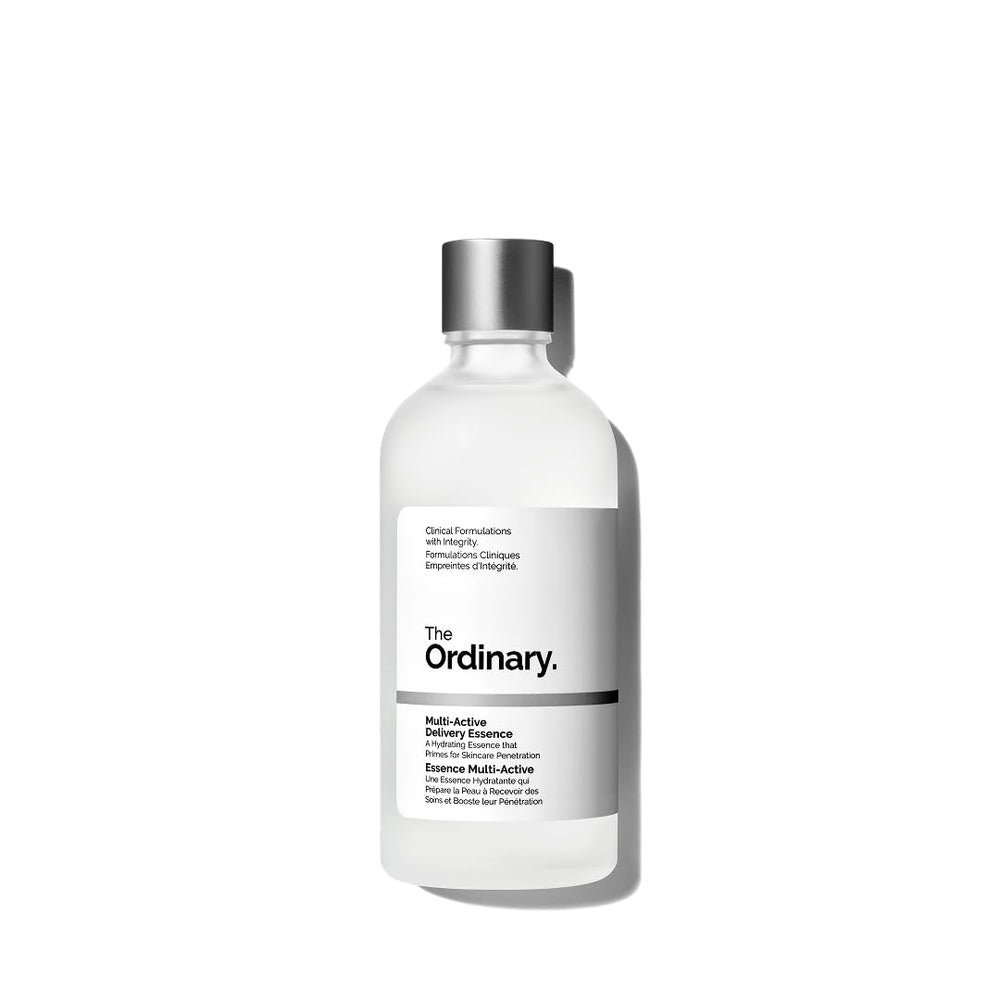 Label detail of The Ordinary essence highlights hydration technologies and usage cues.