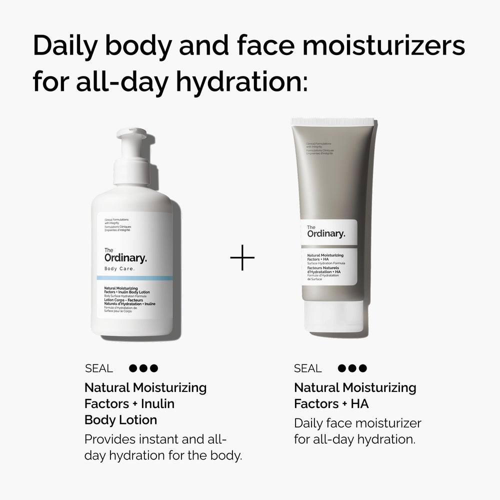 Bathroom counter setup featuring The Ordinary Natural Moisturizing Factors + Inulin Body Lotion.