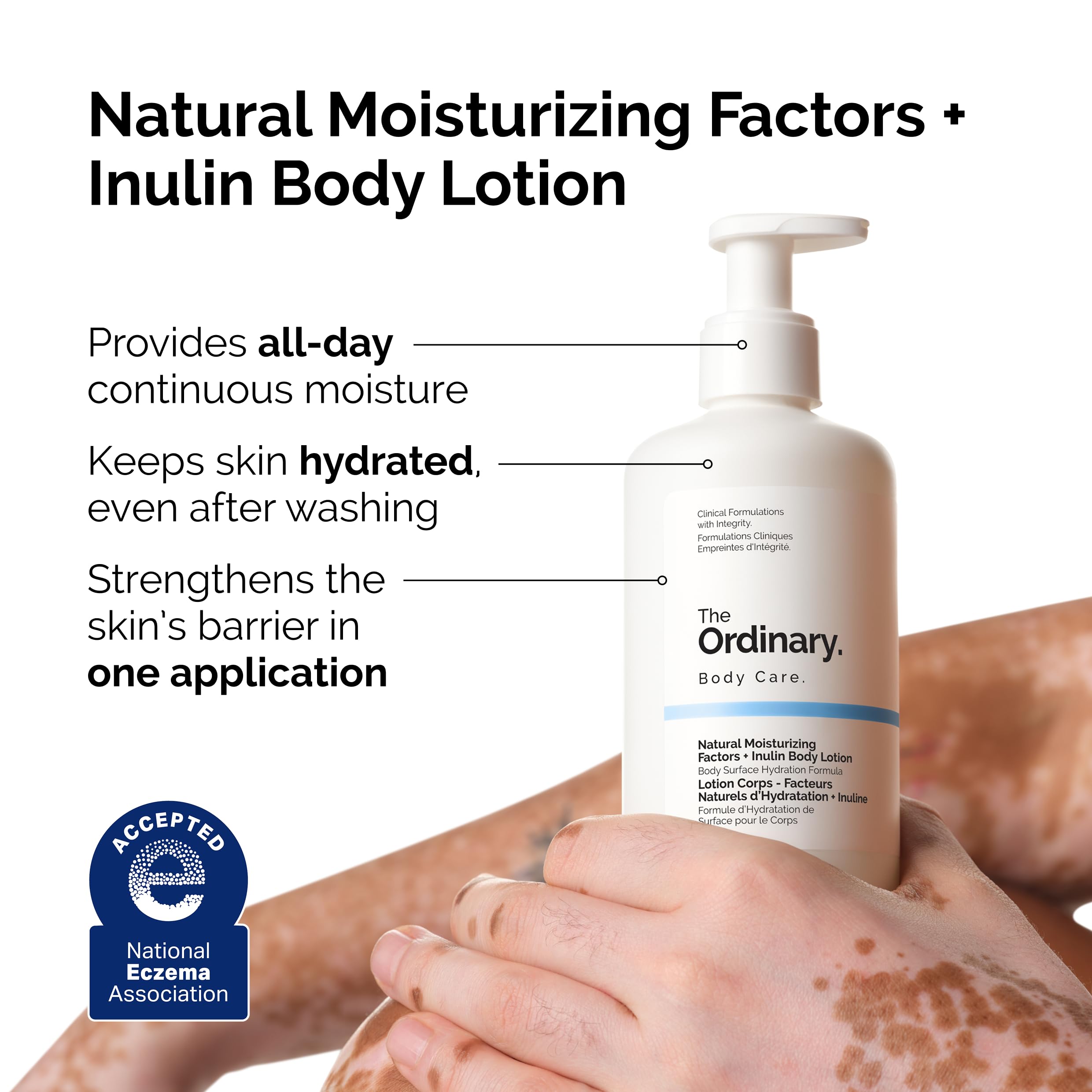 Texture close-up of The Ordinary body lotion showing lightweight, non-greasy feel.