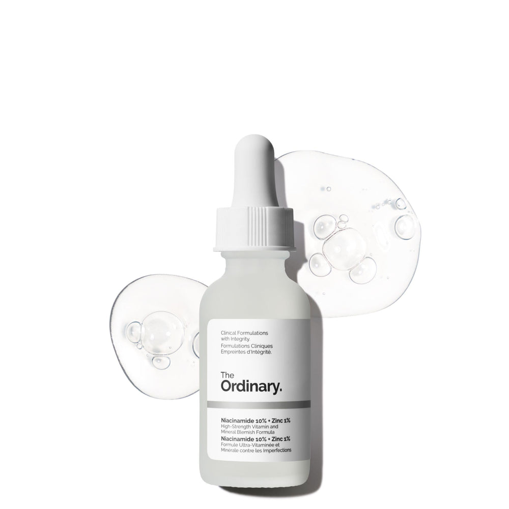 The Ordinary Niacinamide 10% + Zinc 1% bottle promotes brightness and smooth skin.