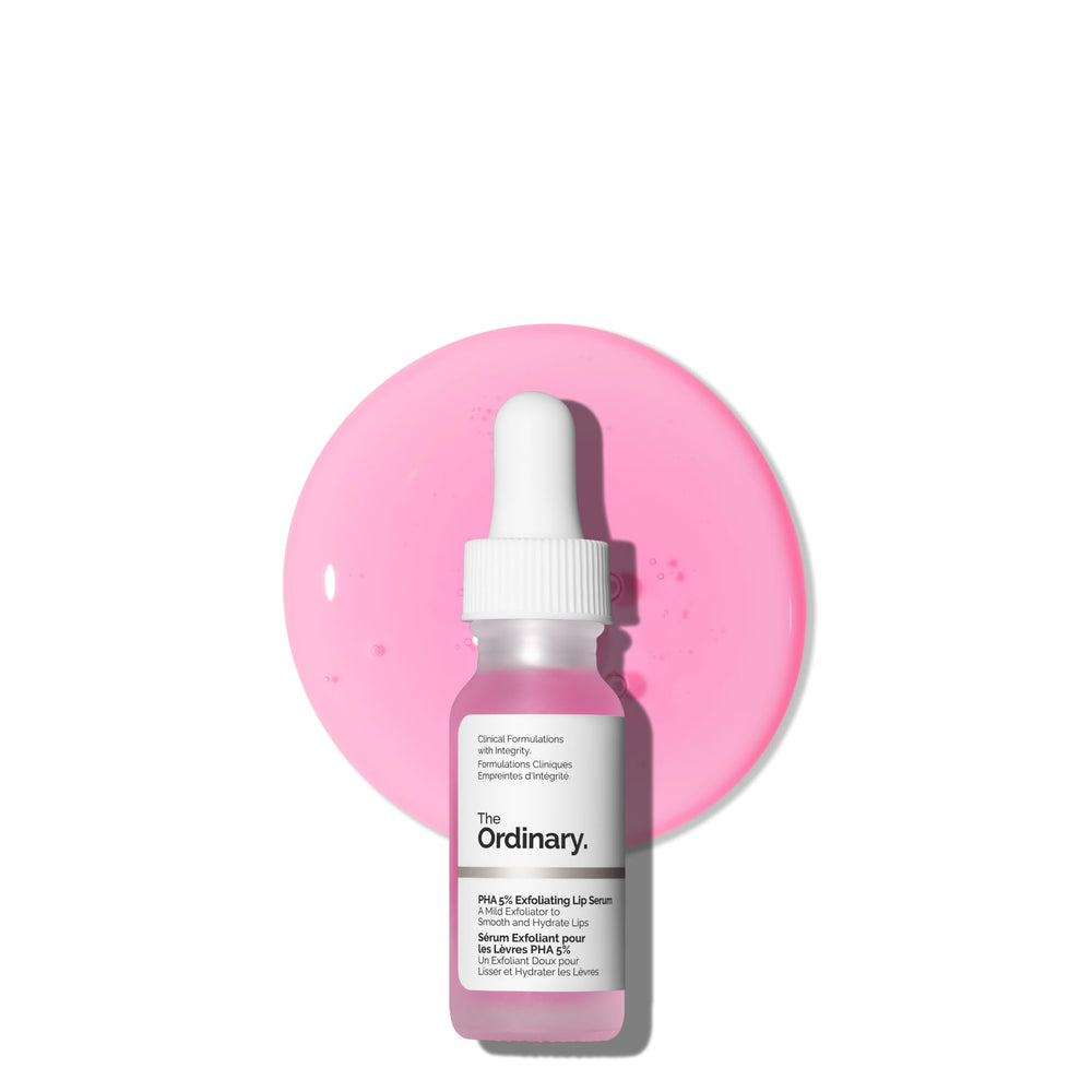 The Ordinary PHA 5% lip serum bottle close-up for renewed, smoother lips.