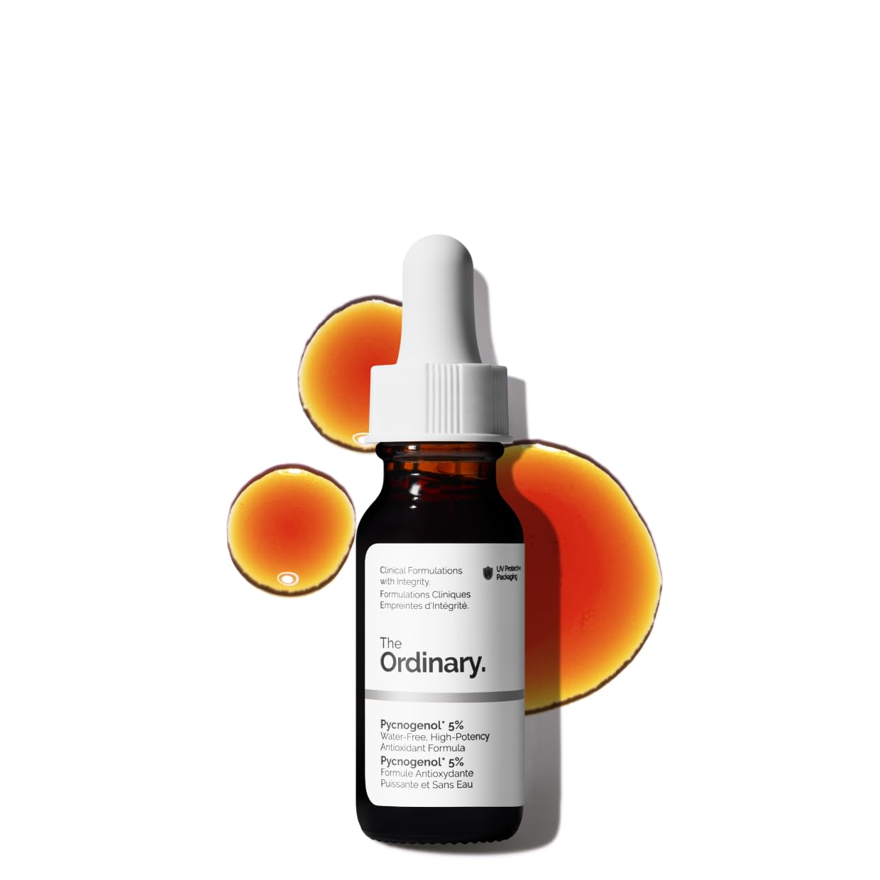 The Ordinary Pycnogenol 5% serum bottle glistening, brightens skin and shields against environmental stress.