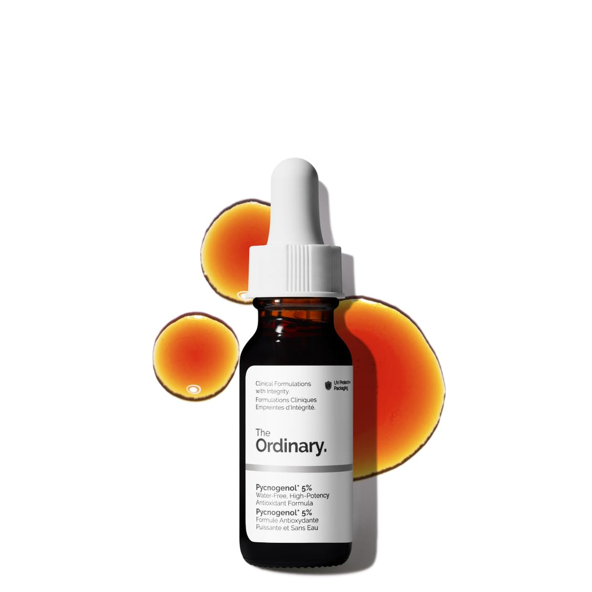 The Ordinary Pycnogenol 5% serum bottle glistening, brightens skin and shields against environmental stress.