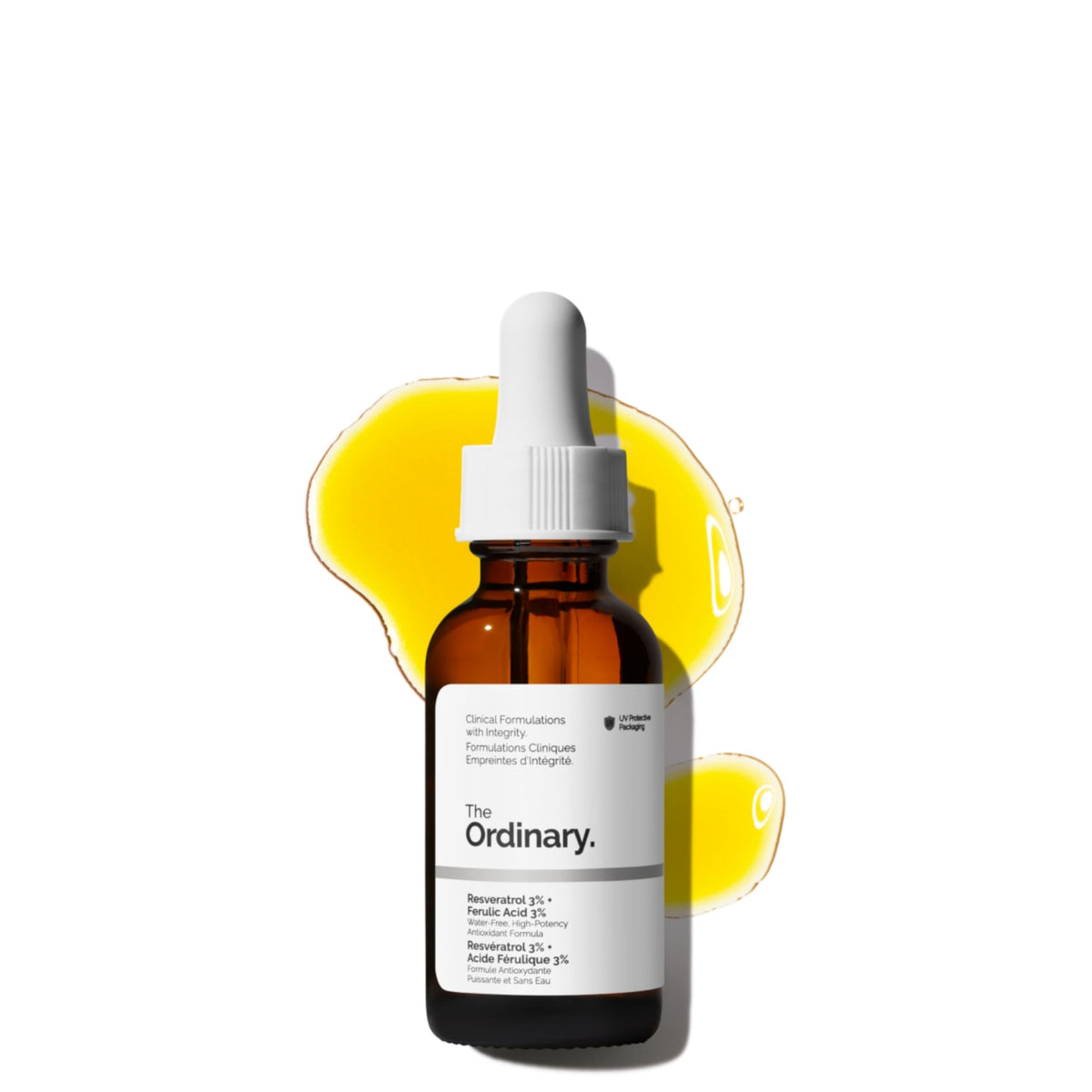 The Ordinary Resveratrol Ferulic Acid serum bottle closeup highlighting antioxidant protection for daily use.