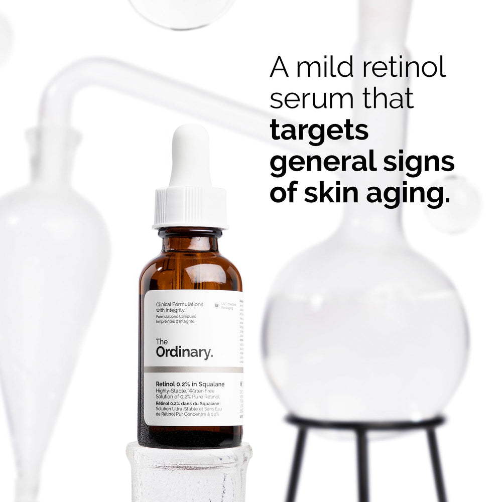 The Ordinary Retinol 0.2% in Squalane label close-up highlighting beginner-friendly formula