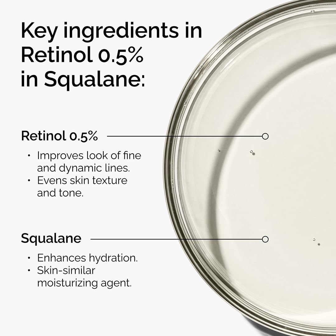 The Ordinary Retinol 0.5% in Squalane droplet on skin highlights hydration and texture refinement