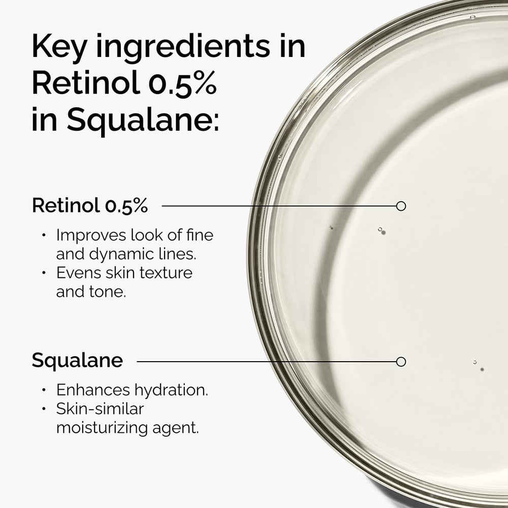 The Ordinary Retinol 0.5% in Squalane droplet on skin highlights hydration and texture refinement