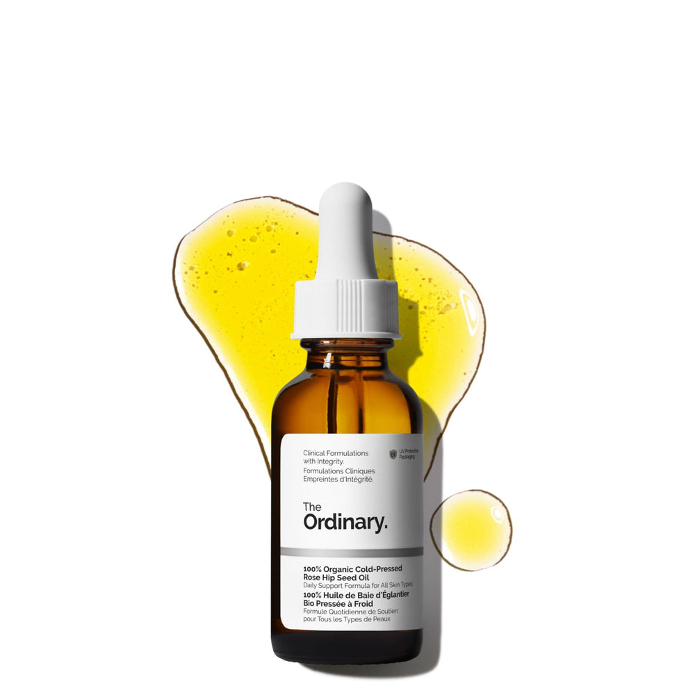 The Ordinary Rose Hip Seed Oil bottle provides deep hydration for even-toned skin.