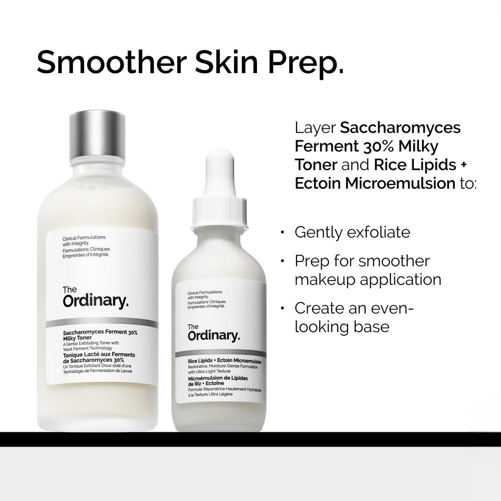 The Ordinary Saccharomyces Ferment 30% Milky Toner packaging box emphasizes clean formula.