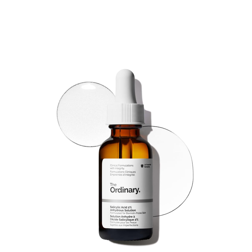 The Ordinary Salicylic Acid 2% Anhydrous bottle promotes smoother texture for blemish-prone skin.