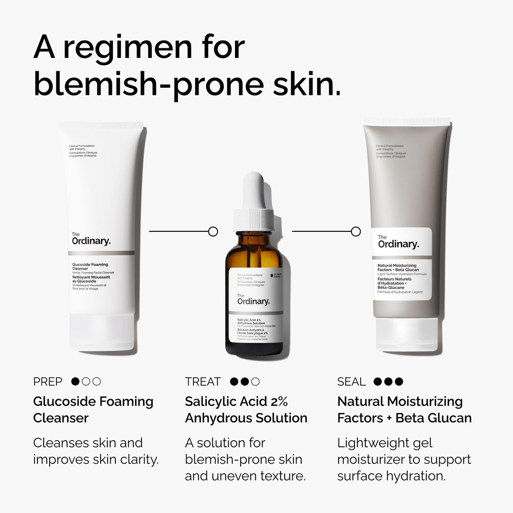 Serum drops of The Ordinary Salicylic Acid 2% Anhydrous suggesting a gentle, controlled application.