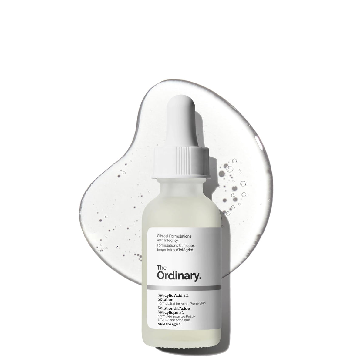 The Ordinary Salicylic Acid 2% bottle close-up highlights pore cleansing and acne control.