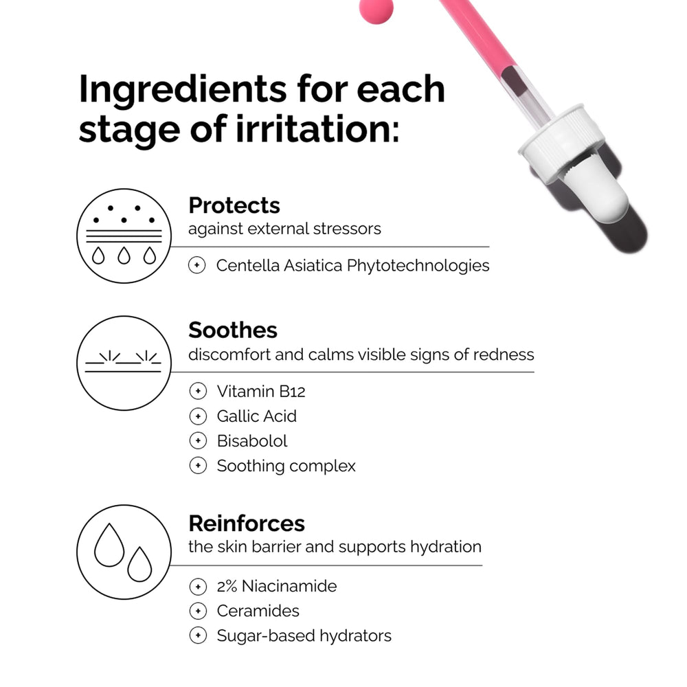 Face application of The Ordinary serum to calm redness.