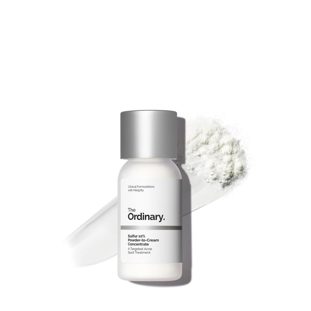 The Ordinary Sulfur 10% powder-to-cream bottle for fast on-the-go blemish care.