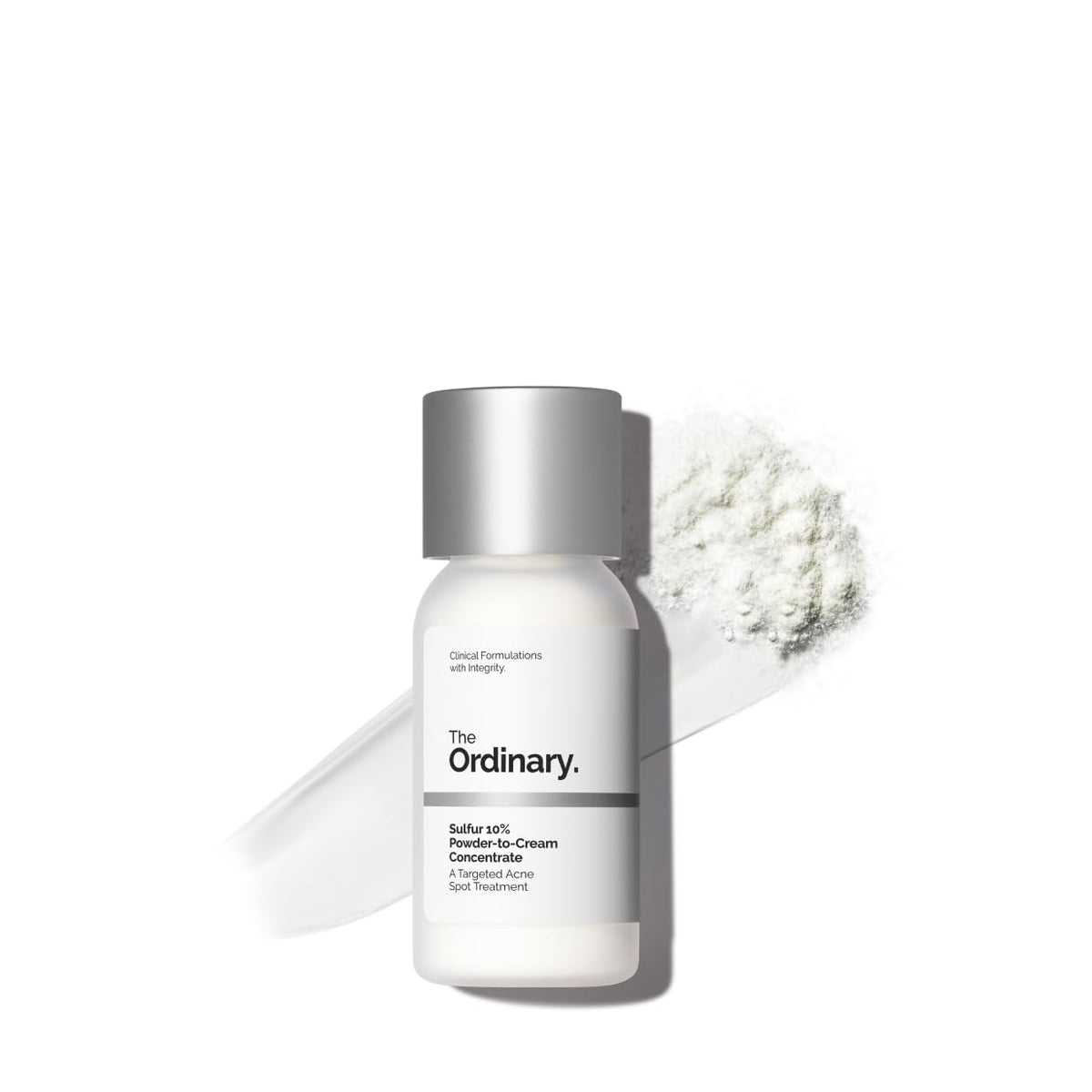 The Ordinary Sulfur 10% powder-to-cream bottle for fast on-the-go blemish care.