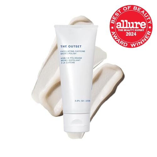 The Outset Exfoliating Caffeine Micro Polish jar closeup highlights creamy texture for gentle daily renewal.