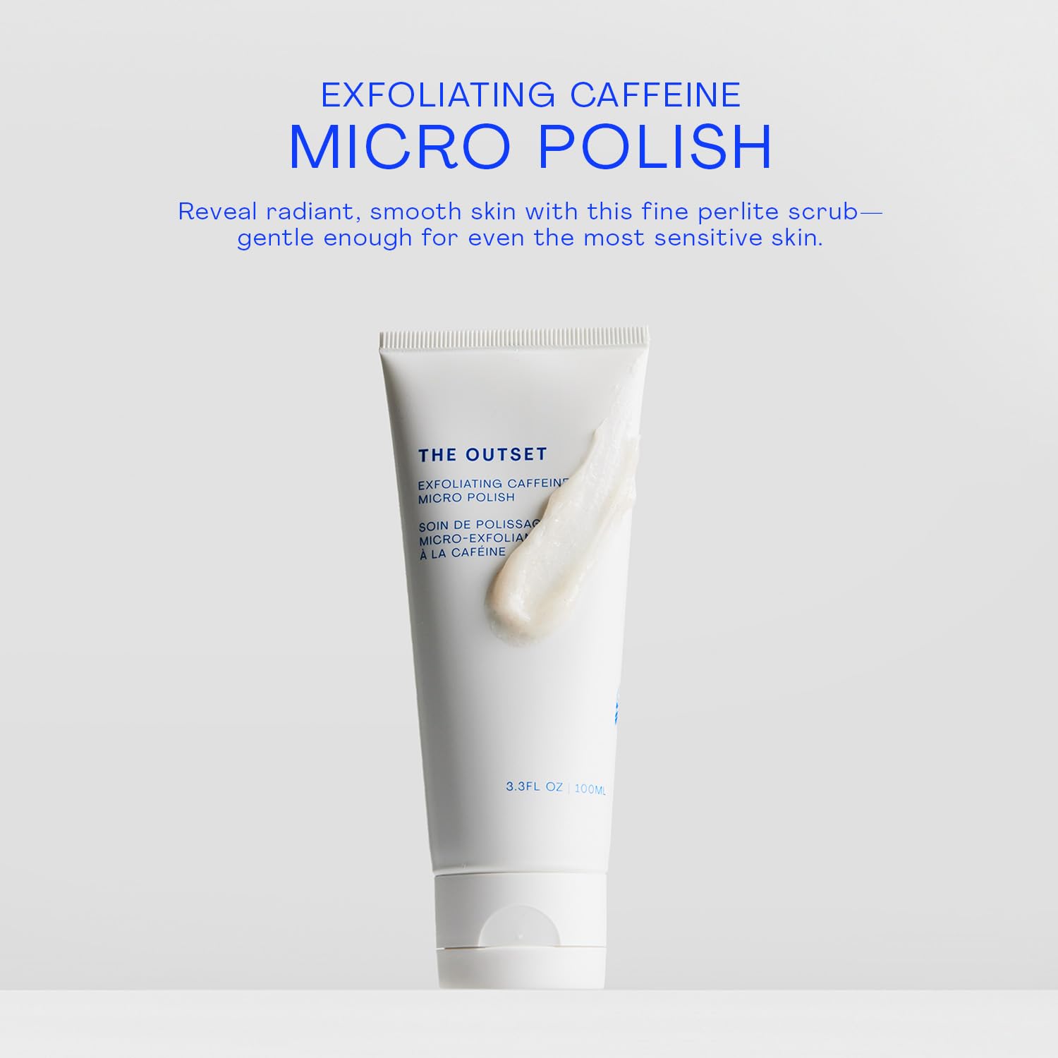 The Outset Exfoliating Caffeine Micro Polish texture closeup emphasizes micro-particles for mild exfoliation.
