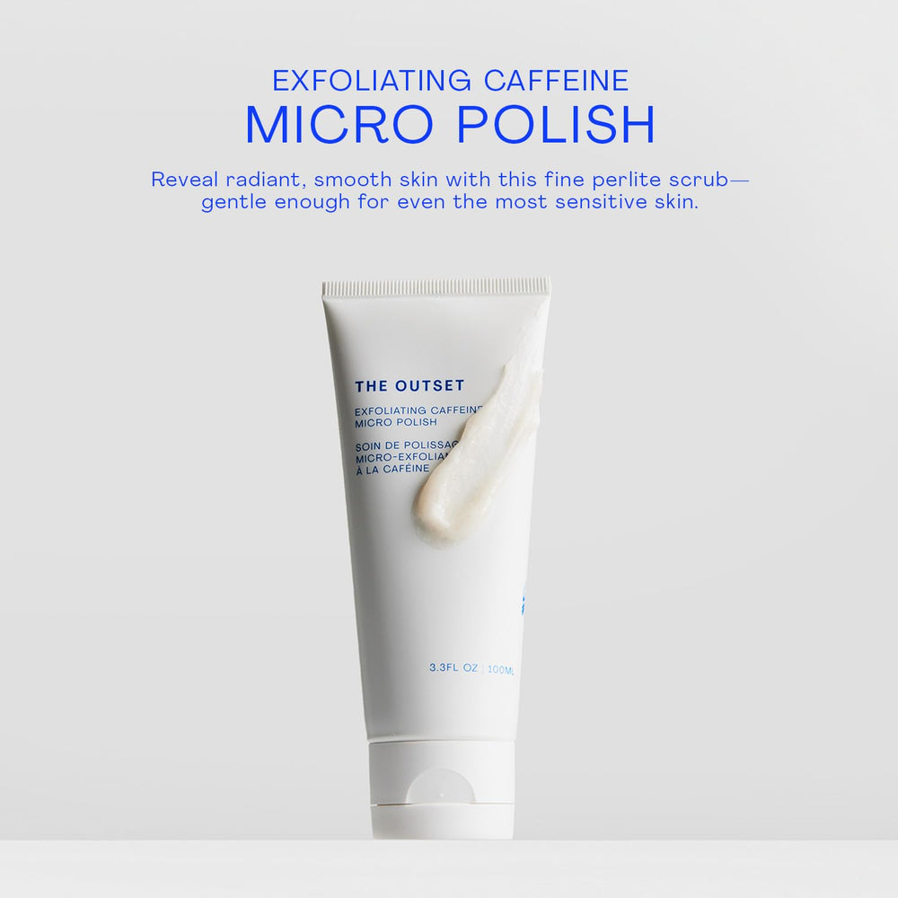 The Outset Exfoliating Caffeine Micro Polish texture closeup emphasizes micro-particles for mild exfoliation.