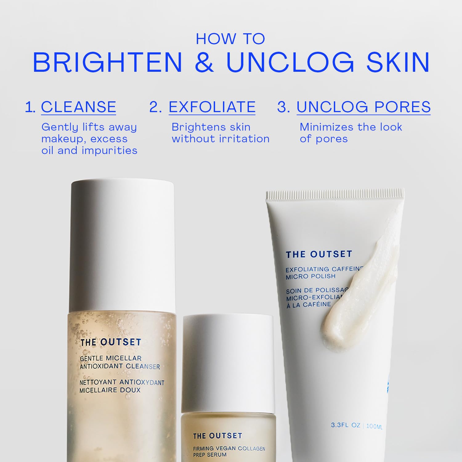 The Outset Exfoliating Caffeine Micro Polish vegan-glutenfree label signals clean, plant-based skincare.