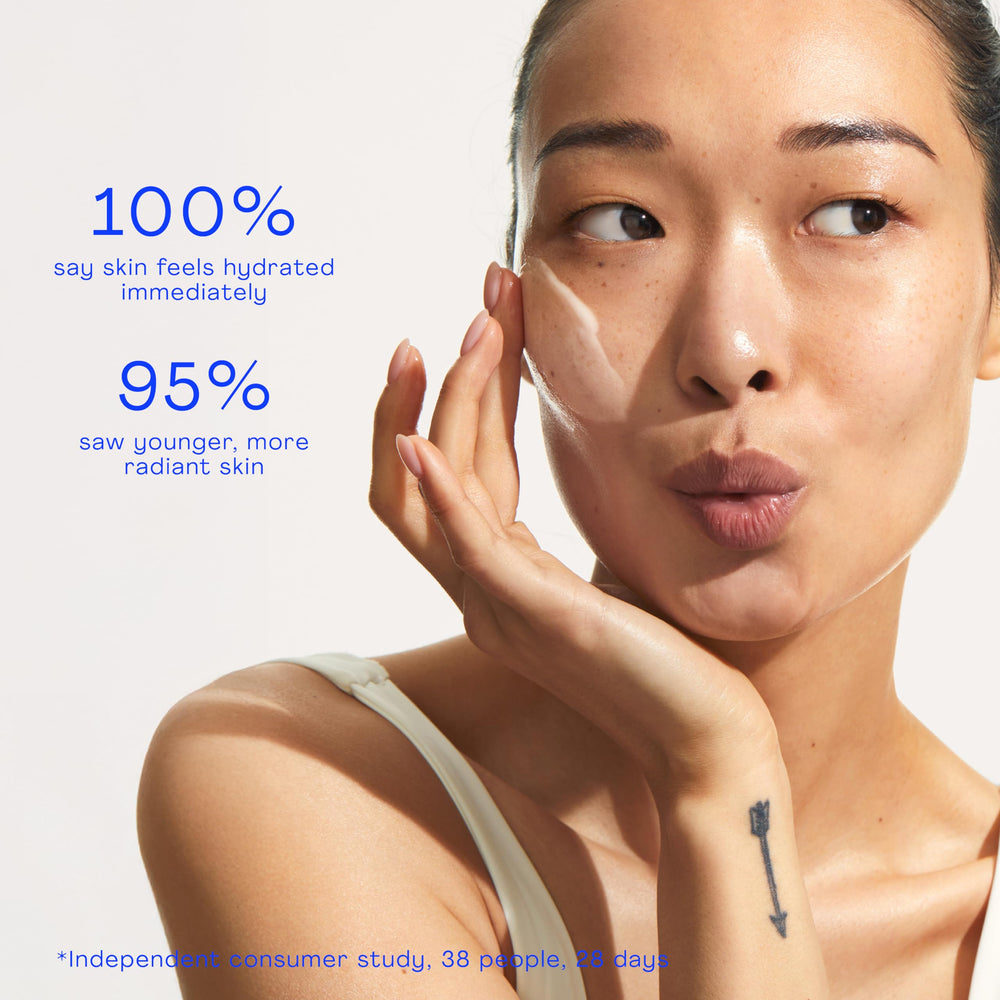 The Outset firming vegan collagen serum closeup shows radiant, healthy-looking skin prep.