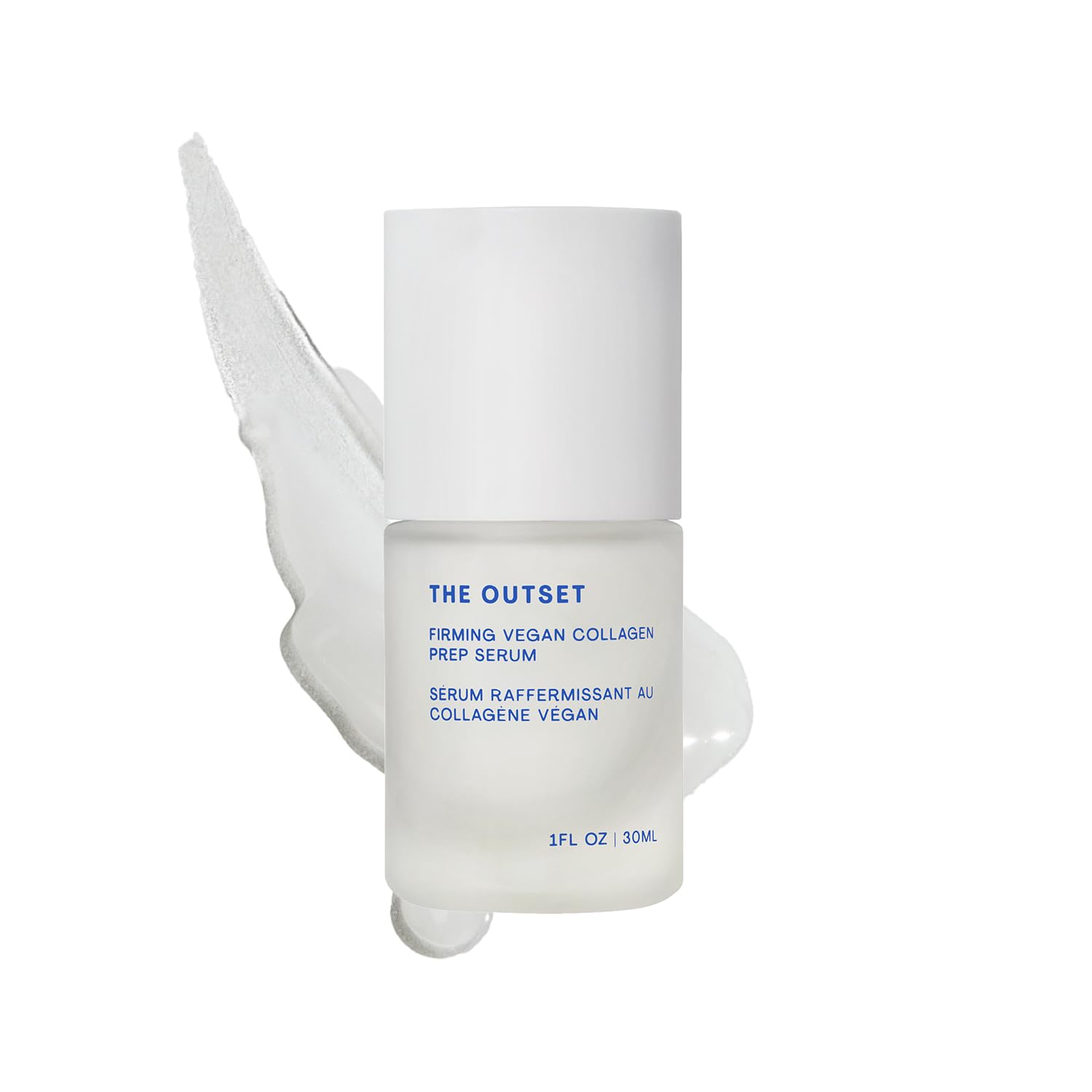 The Outset firming vegan collagen serum bottle demonstrates hydration for all skin types.