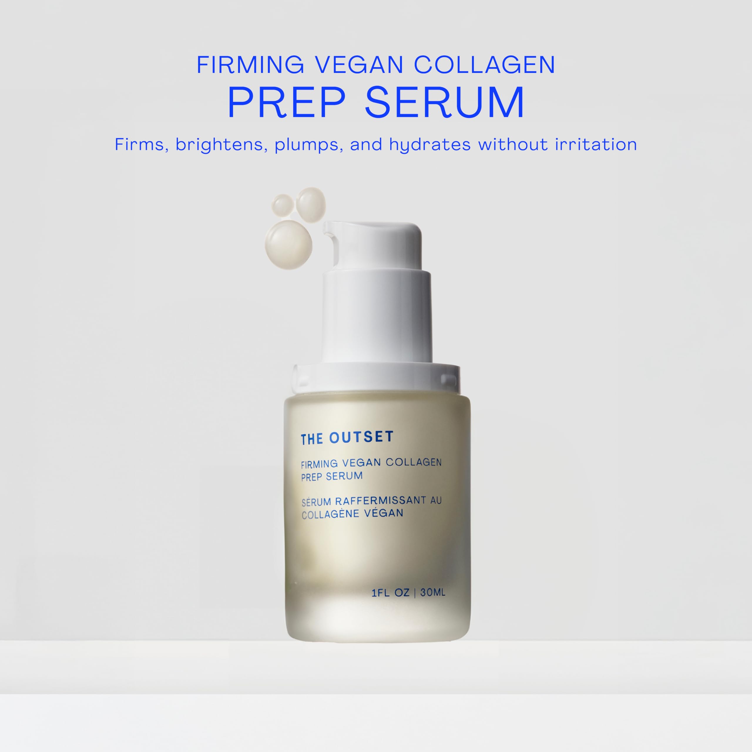 The Outset firming vegan collagen serum with pump shows easy, everyday application.