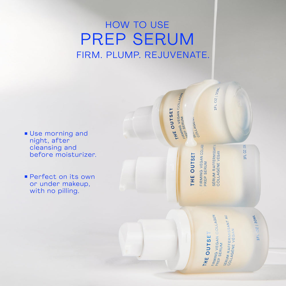 The Outset firming vegan collagen serum application on skin demonstrates 4-in-1 routine.