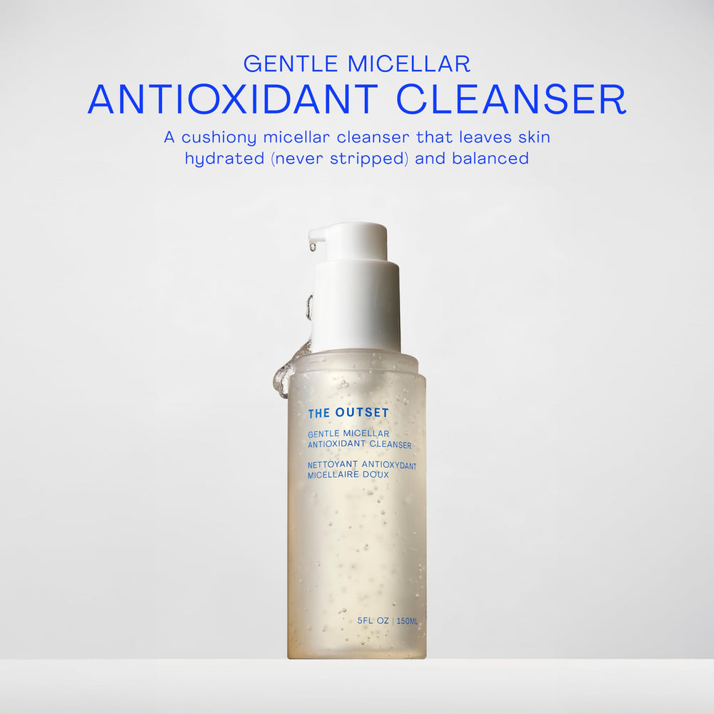 The Outset Gentle Micellar Cleanser makeup-removal close-up—gentle cleanse lifts makeup.