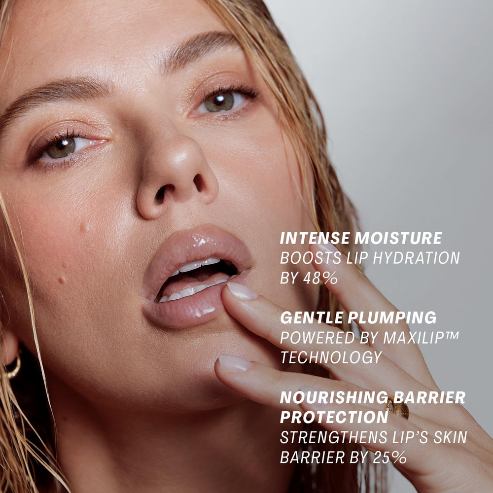 The Outset Lip Oasis Glossy Treatment flatlay with vegan and gluten-free branding