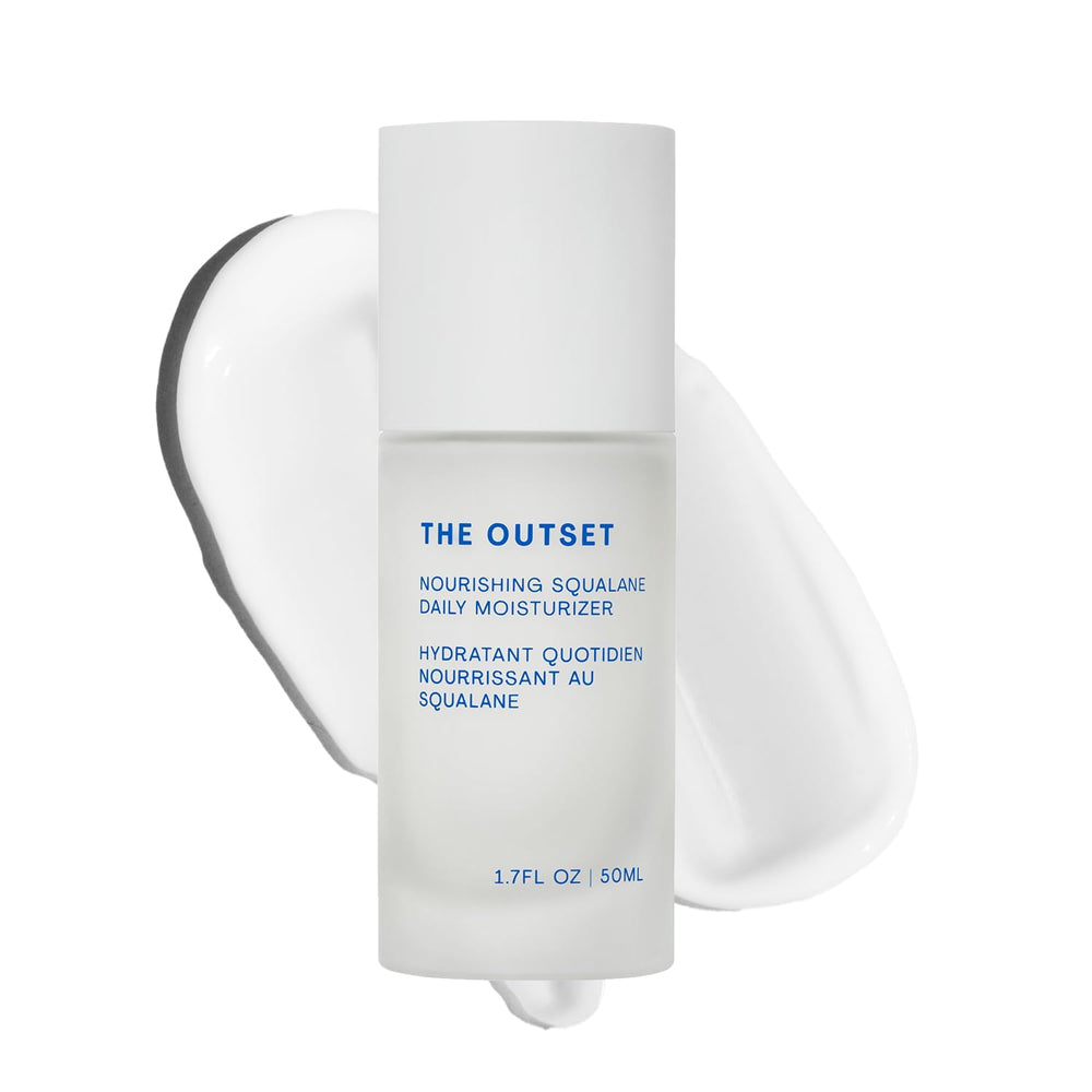 The Outset Nourishing Squalane Daily Moisturizer bottle pump demonstrates lightweight hydration for all skin types.