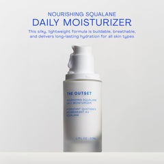 The Outset Nourishing Squalane Daily Moisturizer cream swirl highlights fast-absorbing moisture for calm skin.