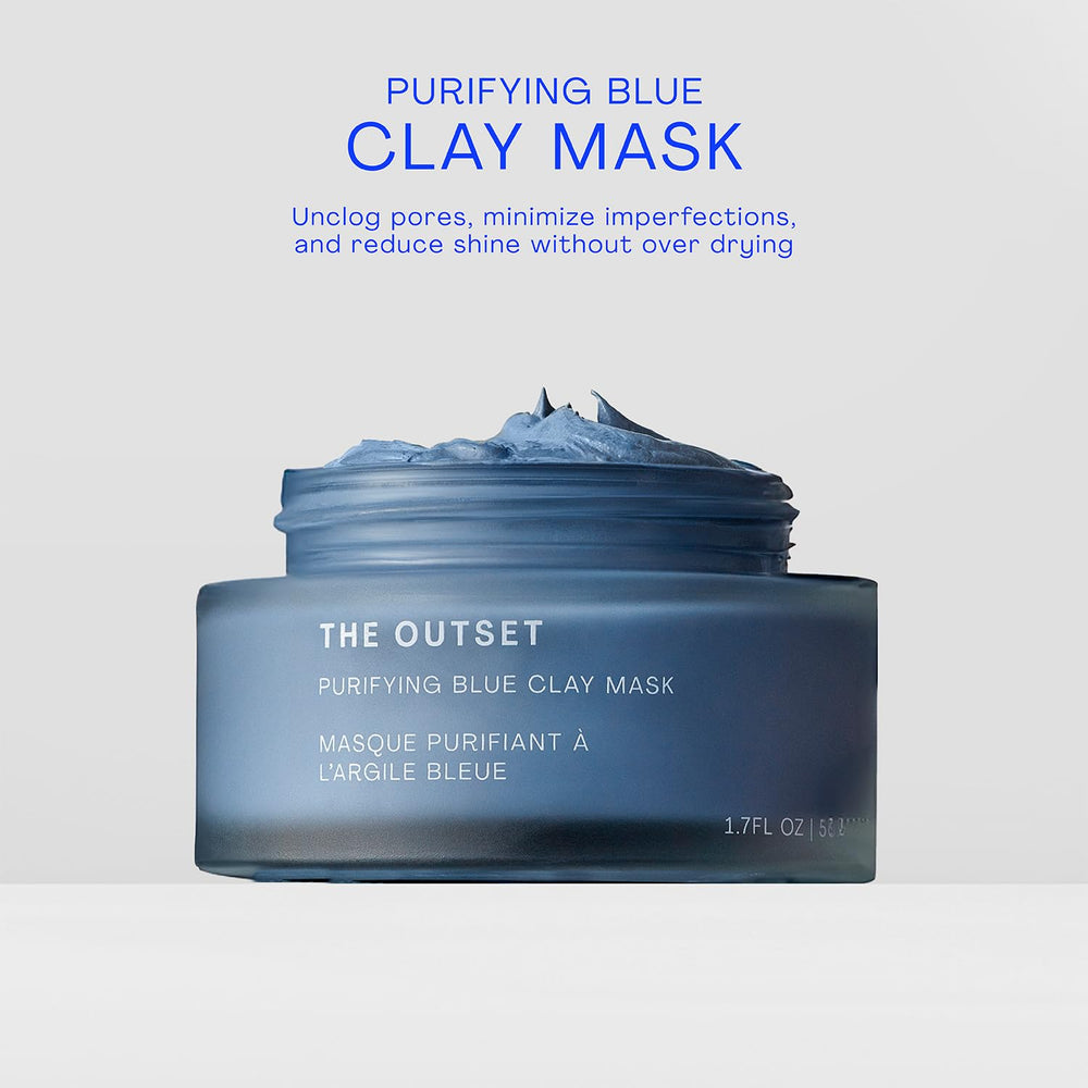 The Outset Purifying Blue Clay Mask application spread demonstrates gentle detox for pores.