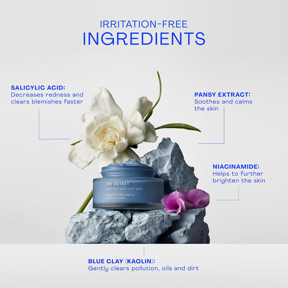 The Outset Purifying Blue Clay Mask rinse-off process shows a quick 10-minute treatment.