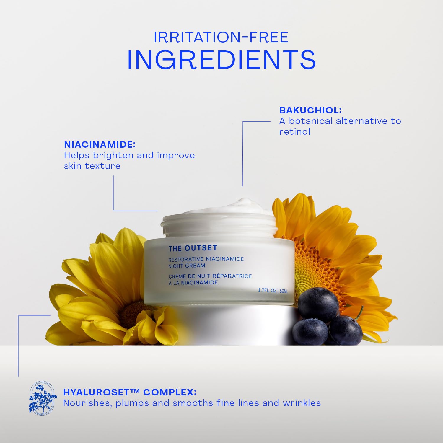 Aplicación suave de The Outset Restorative Niacinamida y Bakuchiol en el rostro.