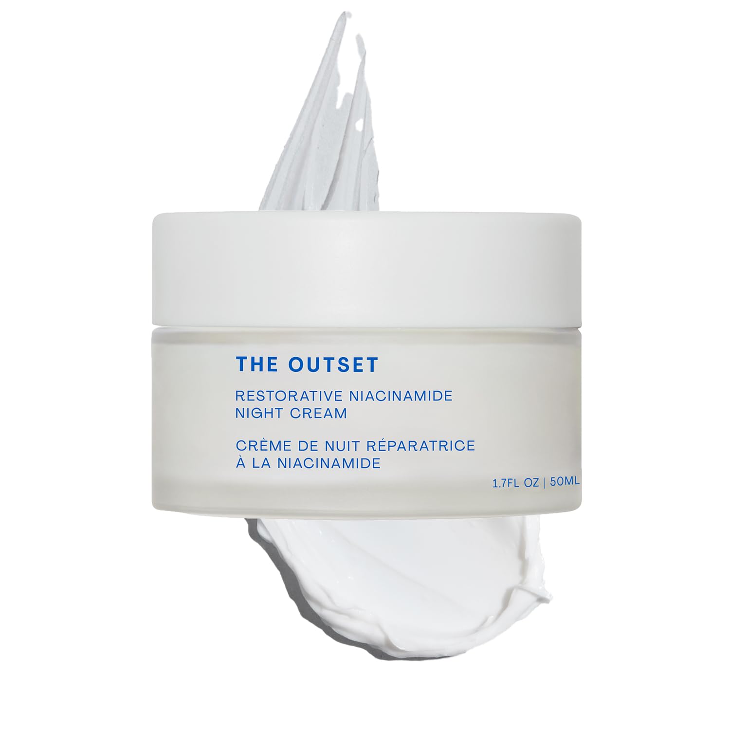 The Outset Restorative Niacinamida y Bakuchiol, botella de crema nocturna para cuidado diario.