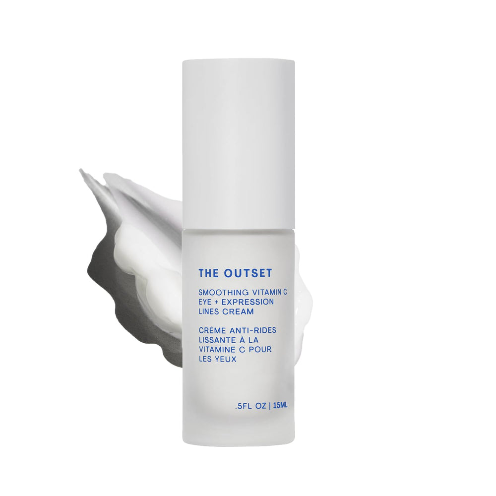 The Outset Vitamin C smoothing eye cream tube with brightening formula for sensitive skin.