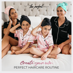 THE PERFECT HAIRCARE microfiber towel wrap back view showing a secure, hands-free fit