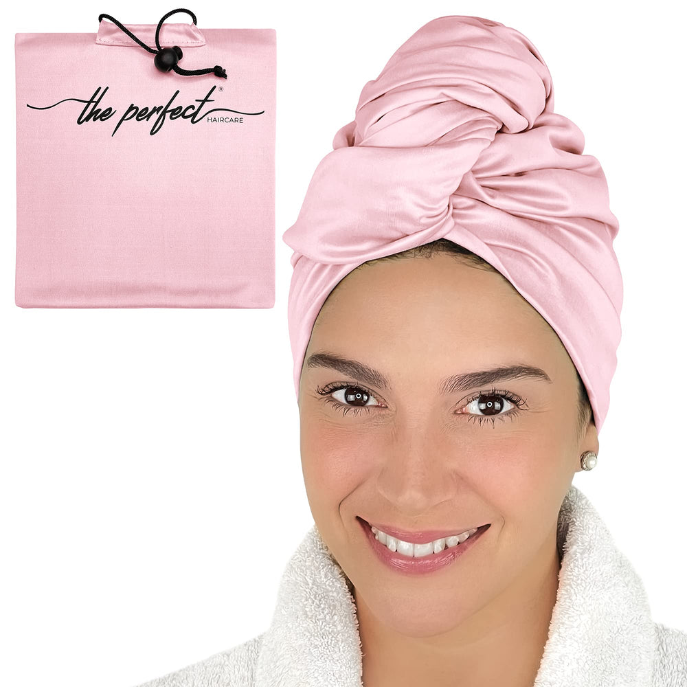 THE PERFECT HAIRCARE microfiber hair towel wrap clip-front view for secure, frizz-free drying