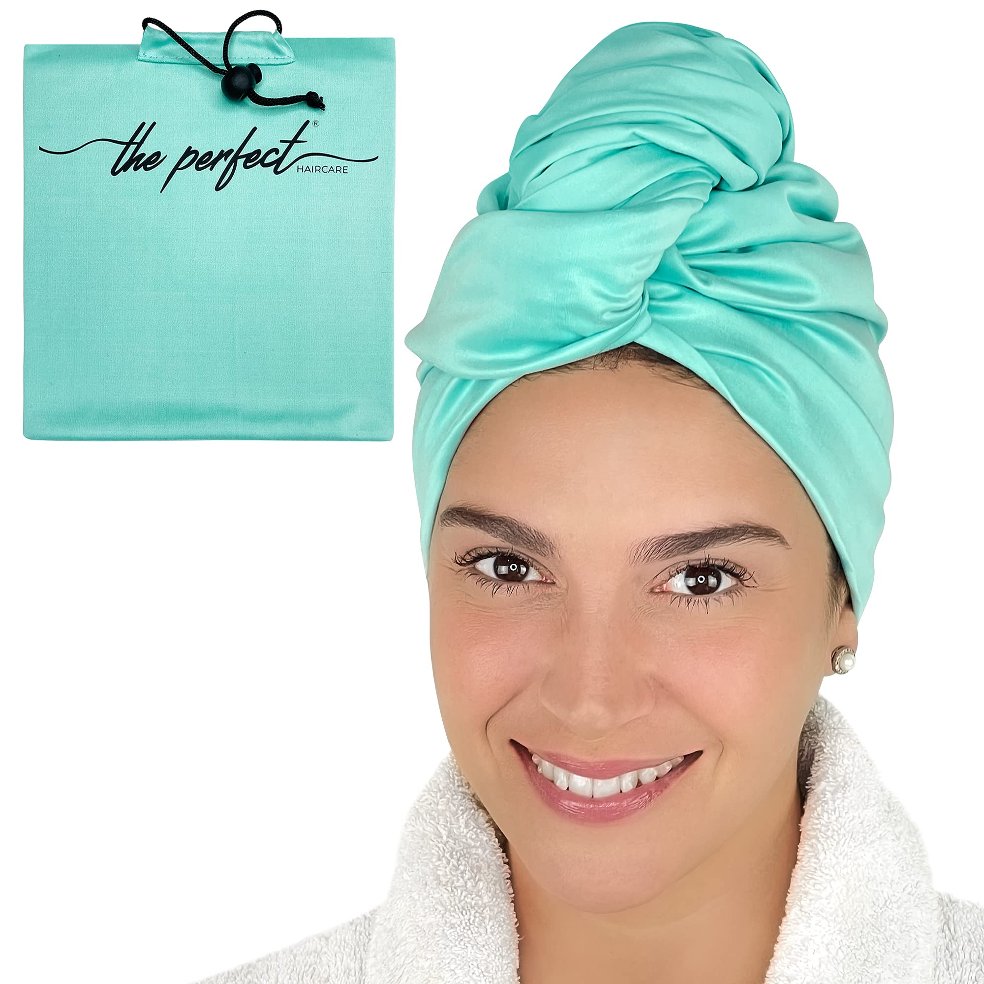 THE PERFECT HAIRCARE microfiber towel wrap on model for gentle, fast-drying hair