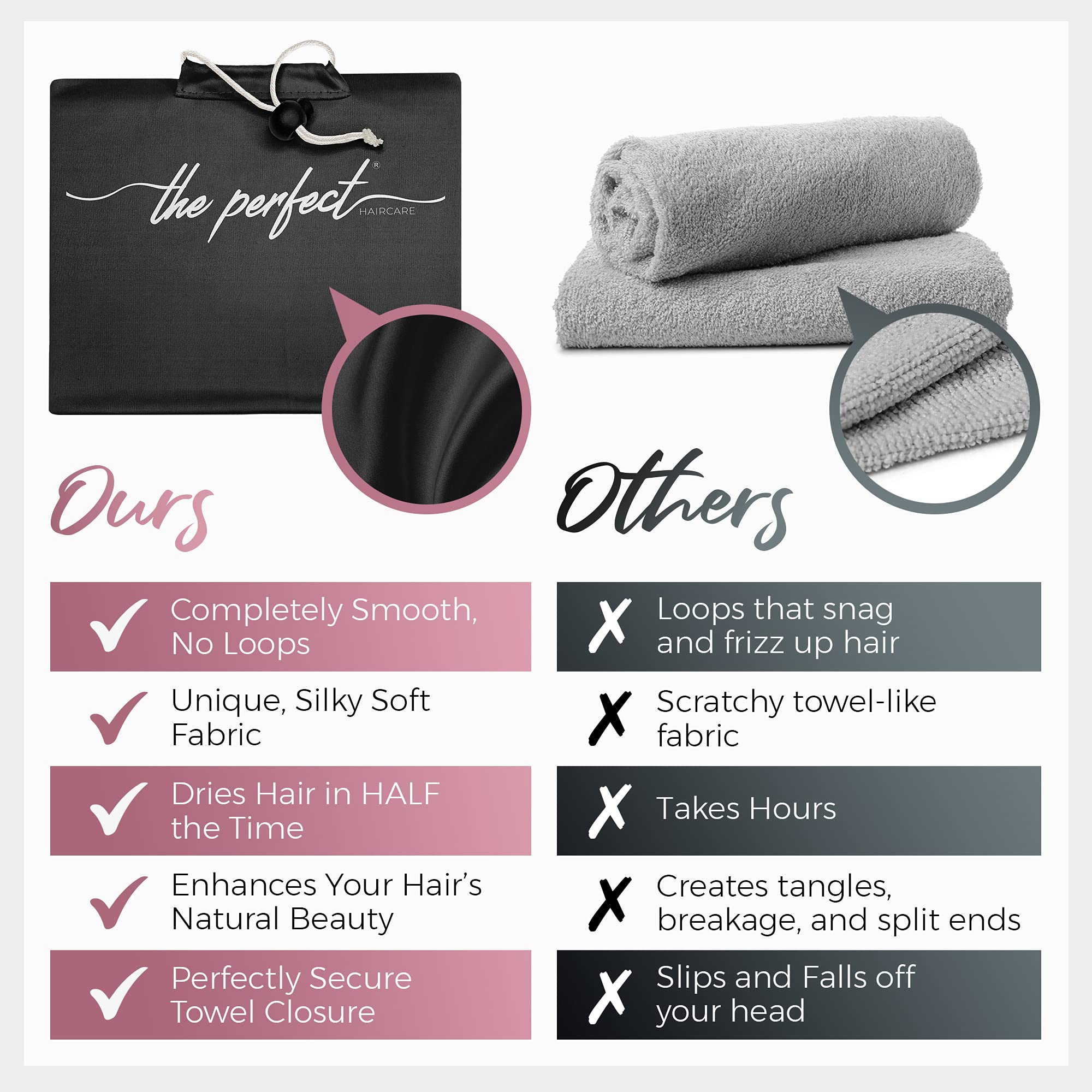 The Perfect Haircare microfiber towel wrap no-slip design stays in place, reducing interruptions.