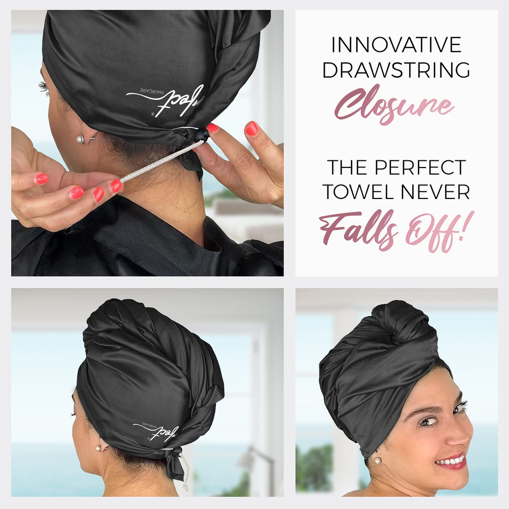 The Perfect Haircare microfiber towel wrap shows plopping-friendly styling option for curl definition.