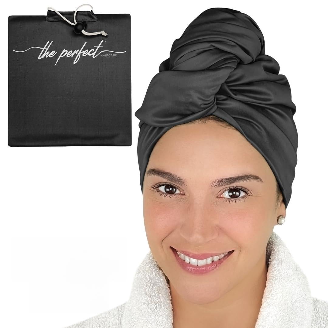 The Perfect Haircare microfiber towel wrap soft touch demonstrates quick, gentle drying with anti-frizz benefits.