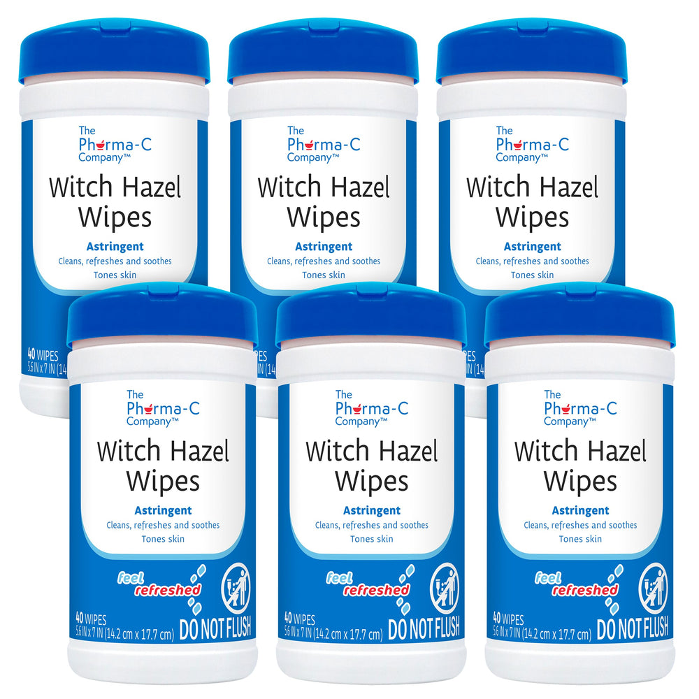 The Pharma-C Witch Hazel Wipes packshot showing six canisters for convenient daily cleansing