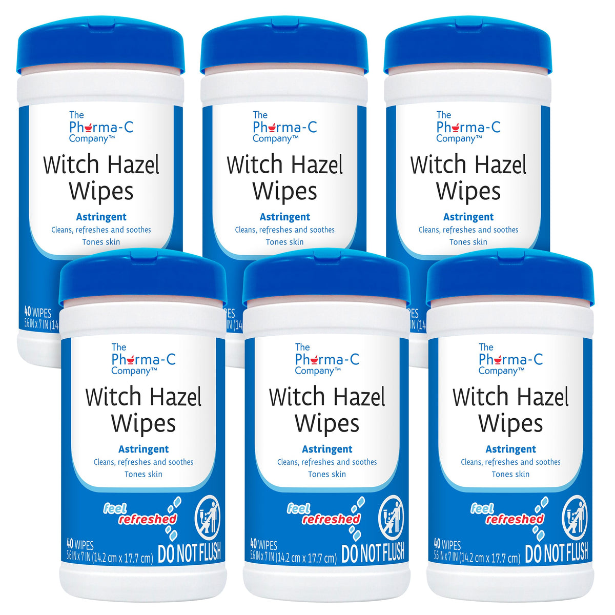 The Pharma-C Witch Hazel Wipes packshot showing six canisters for convenient daily cleansing