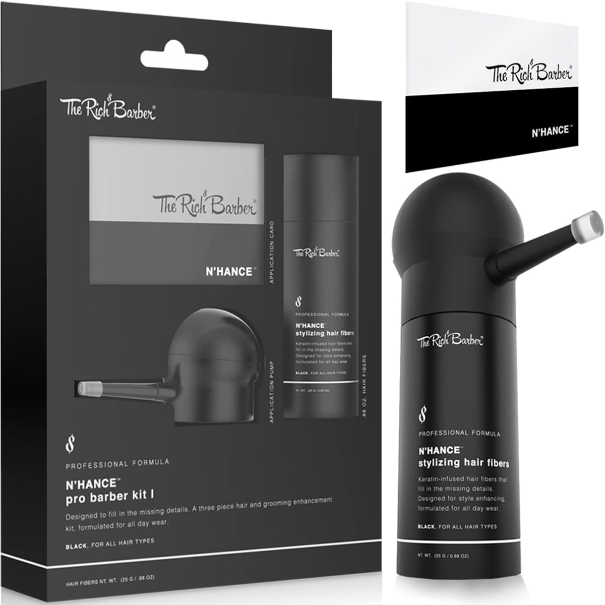 The Rich Barber N'Hance Pro kit bottle shows keratin fibers for natural volume.