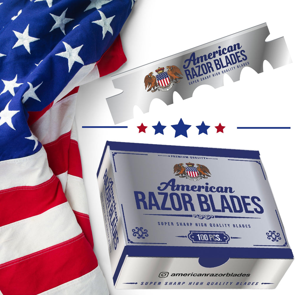 The Shave Factory American Razor Blades single-edge blade closeup shows a sharp edge for precise detailing.