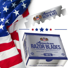 The Shave Factory American Razor Blades single-edge blade closeup shows a sharp edge for precise detailing.