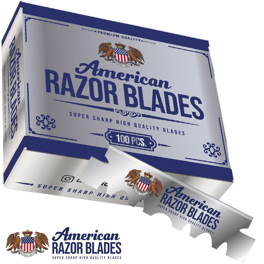 The Shave Factory American Razor Blades single-edge blade stack displays versatile blades for smooth shaves.